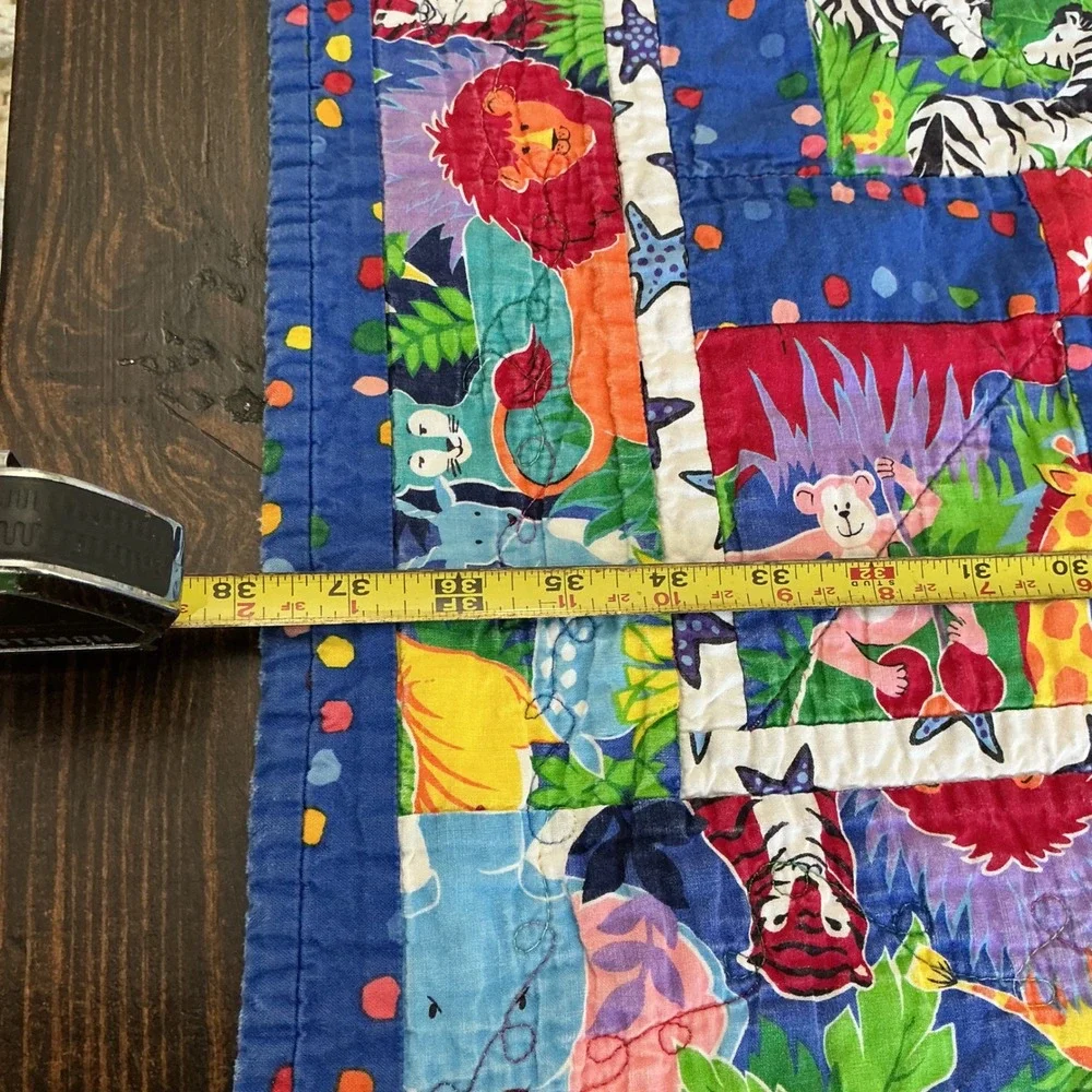 Handmade Jungle Safari Animal Patchwork Baby Quilt Nursery Blue 38x40